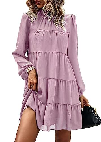 KIRUNDO Long Sleeve Baby Doll Dresses Women 2026 Casual Summer Fall Ruffle Mock Neck Tiered Mini Flowy Swing Shift Dress(Pink, X-Large) - Image 1
