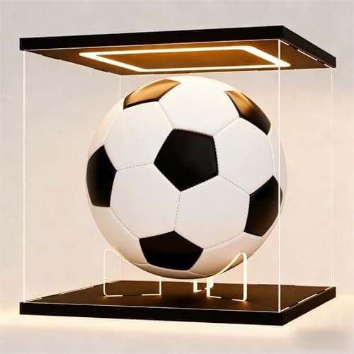 Sheenory Clear Acrylic Soccer Display Case with LED Lights,Dustproof Memorabilia Display Box for lego Collectibles with Removable Ball Stand and UV Protection(Black 9.8x9.8x9.8inch) - Image 1