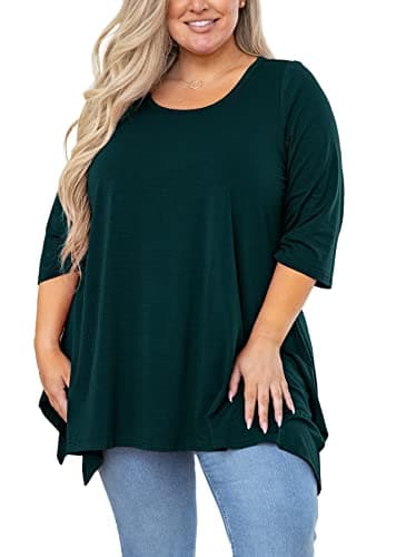 AusLook Plus Size Tunic for Women 3/4 Sleeve Christmas Dark Green 4X Crewneck Tops Christmas Clothing Flowy Blouse Loose Fit Babydoll Summer Fall Winter Maternity Shirts Wear with Leggings - Image 1