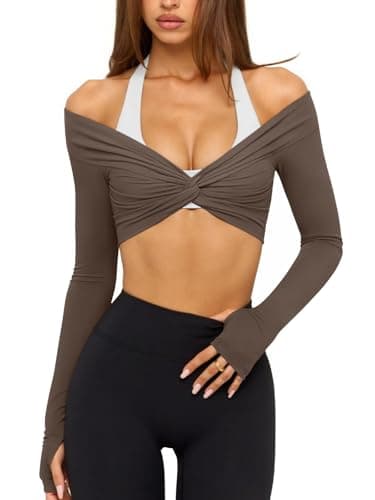 LASLULU Womens Long Sleeve Workout Tops Sexy Off the Shoulder Twist Front Bolero Shrugs Yoga Gym Ballet Wrap Tops Pilates Outfits (Coffee, Small) - Image 1