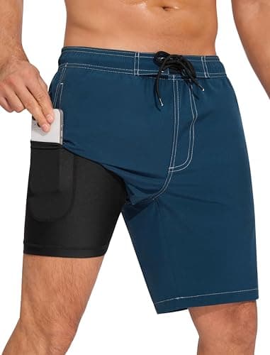 SILKWORLD Men's Swim Trunks with Compression Liner 9 inch Stretch Board Shorts 2 in 1 Lined Bathing Suit with Zipper Pocket, Copen Blue, X-Large - Image 1