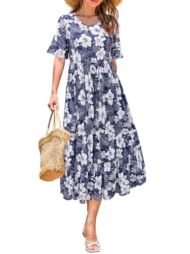 STYLEWORD Women's Summer 2025 Casual Short Sleeve Tiered Flowy Spring Dress Long Midi Beach Sundress Vacation Outfits(Floral05,XL) - Image 1