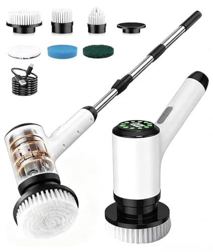 Lichffy Electric Spin Scrubber, Cordless Cleaning Brush with 7 Replaceable Brush Heads, 2-Speed Adjustable Handle Shower Scrubber, IPX7 Waterproof for Bathroom, Tub, Tile & Floor, Teens, White-qb1... - Image 1