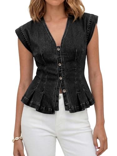 Tankaneo Womens V Neck Denim Vests Tops Trendy Summer Casual Button Down Y2k Fitted Pleated Sleeveless Jean Tops - Image 1