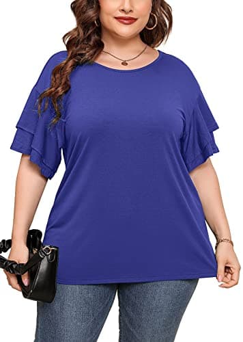 AusLook Plus Size T Shirts For Women Blue 4X Tunic Double Ruffle Short Sleeve Blouses Crewneck Clothing Tee Ladies Clothes Flowy Dressy Casual Loose Fit Outfits Maternity Summer Tops - Image 1