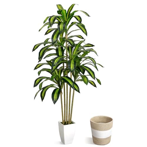 LuceAlberi 5FT Artificial Dracaena Tree - Tall Faux Dracaena with White Planter, Fake Plant Build Boho-Chic Basket, Artificial Plants Indoor, Fake Tree for Outdoor Home Office Decor - Image 1