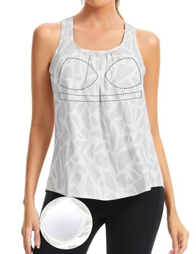 SLIMBELLE Mesh Racer Back Tank Tops Womens Gym Yoga Athletic Workout Tops Round Neck Sleeveless Loose Fit Cami with Built in Bra White Graphics L - Image 1