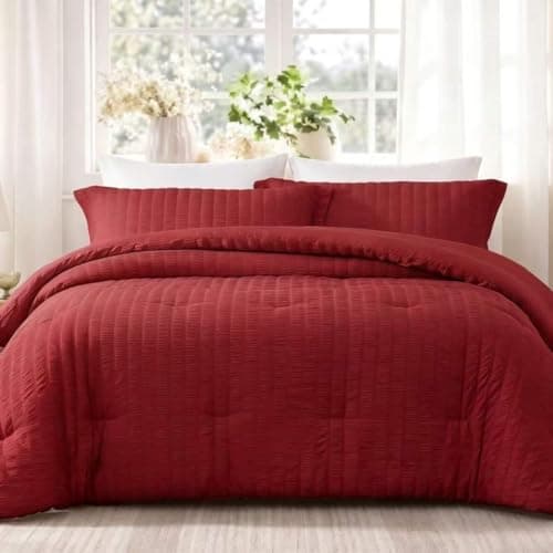 Quataly Queen Comforter Set Dark Red,3PCS Seersucker Lightweight Bedding Comforter for All Season, Queen Size(90''×90'' Comforter & 2 Pillowcases) - Image 1