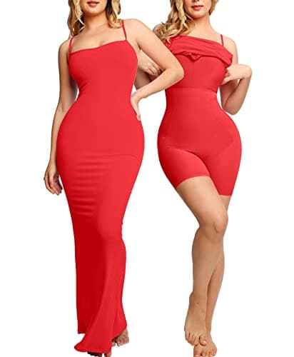 Popilush Womens Summer Red Maxi Dress Built in Bra Shapewear Tummy Control Bodycon Spaghetti Strap Ribbed Formal Party Dresses - Image 1