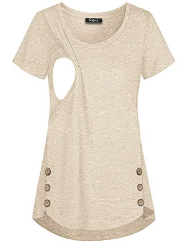 connche Quinee Summer Nurse Shirt, Women's Crew Neck Maternity Blouse, Trendy Button Side Tunic, Flowing Hem Office Wear, Beige XL - Image 1