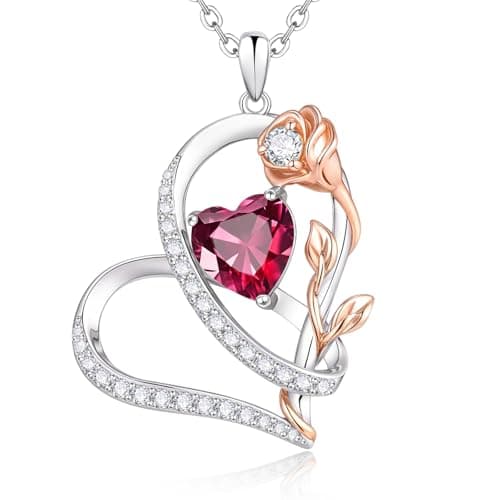 Rose Heart Birthstone Necklace for Women - Dainty 925 Sterling Silver Necklaces for Women Trendy CZ Pendant Necklace Jewelry Birthday Anniversary Christmas Gifts for Girlfriend Mom Lady Daughter - Image 1