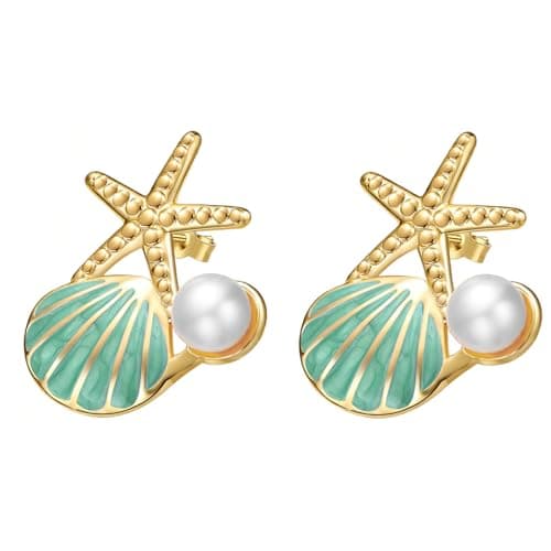 Stainless Steel Starfish & Seashell Summer Beach Earrings for Women, Blue - Image 1