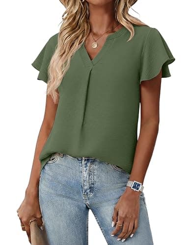 Lepunuo Womens Spring Tops Summer Dressy Casual Cute V Neck Ruffle Sleeve Blouses Flowy Shirts A - Army Green - Image 1