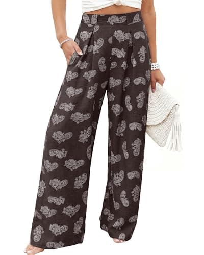 Bsubseach Women Palazzo Pants Modern Boho Floral High Waisted Wide Leg Pants Summer Causal Beach Trousers with Pockets Brown XL - Image 1
