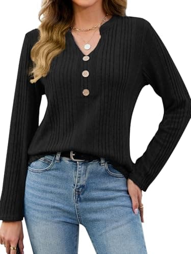 VUTRU Womens Tunic Sweater Long Sleeve V Neck Top Warm Basic Henley Shirt Blouse for Business Casual, Black L - Image 1