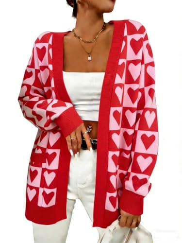 Heart Cardigan Valentines Sweater Women: Valentine Cardigan Love Print Open Front Knit Sweaters Outwear with Pockets - Image 1