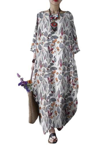 Celmia Kaftan Dresses for Women Floral Print Cotton Maxi Dress with Pockets Grey Medium - Image 1