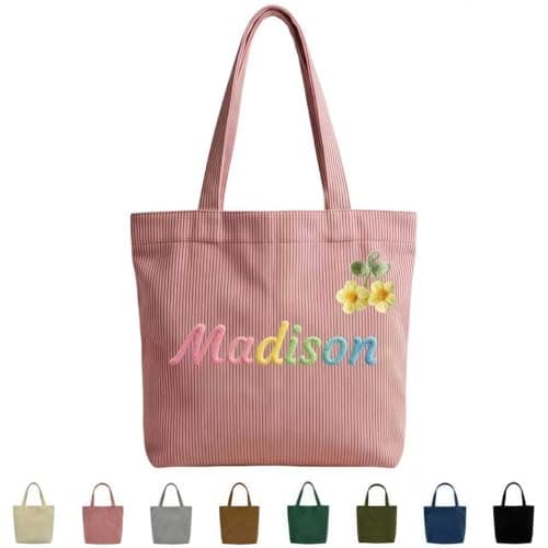 Personalized corduroy handbag, casual shoulder bag with custom name/letter patterns. Durable cotton travel bag, ideal gift for bridesmaids, teachers, and for Christmas, birthdays or honeymoons. - Image 1