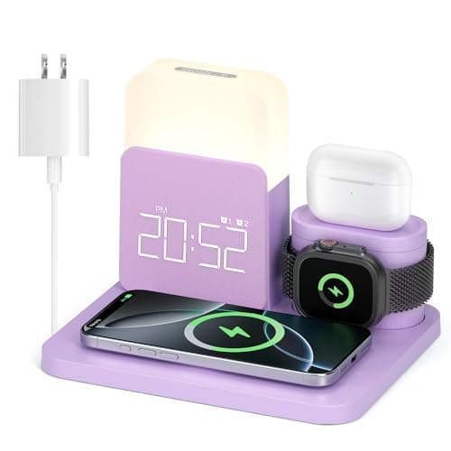 Wireless Charging Station, 7 in 1 Wireless Charger Stand with Dual Alarm Clock, Charging Dock for iPhone17/16/15/14/13/12/11/Pro/Max/Samsung Phone, Apple Watch 10/9/8/7/6/5/SE, AirPods 4/3/2 (Purple) - Image 1