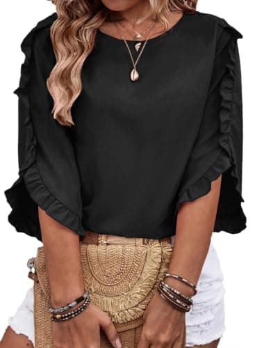 Eytino Women Plus Size Tops Dressy Casual 3/4 Length Sleeve Blouses Crewneck Ruffle Sleeve Shirts Summer Outfits Business Work Tops,3X Black