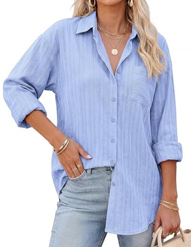 GRACE KARIN Women's 2026 Cotton Button Down Blouses, Dressy Casual Long Sleeve Shirts, Trendy Summer Collared Work Tops Sky Blue M - Image 1