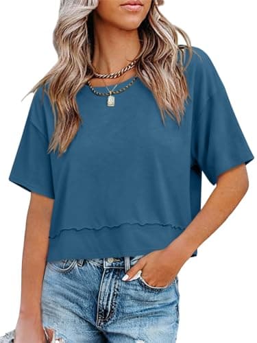 UNCLECAT Womens Short Sleeve Cropped T Shirts Crew Neck Trendy Tops Casual Solid Loose Fit Basic Tees Navy Blue - Image 1
