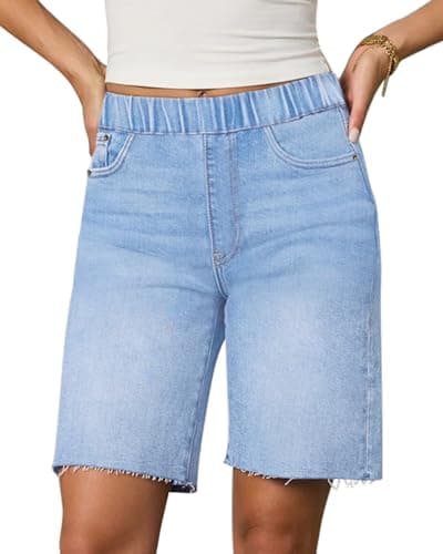 Women's Raw Hem Denim Bermuda Shorts Mid Rise Long Jorts Baggy Pull On Strechy Jeans Shorts with Elastic Waist - Image 1