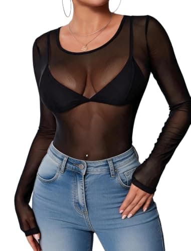 Avidlove Black Mesh Top Women Sheer Blouses for Women Mesh Undershirt Women T Shirt Black Long Sleeve Top Black XS - Image 1