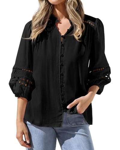 BTFBM Summer Tops for Women 2026 Eyelet Top 3/4 Length Sleeve Dressy Casual Blouses Spring Boho Button Down Shirts(Black, XX-Large) - Image 1