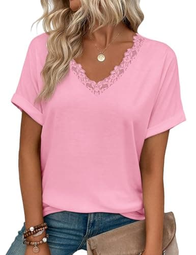 JUSTFASHIONNOW Womens Summer Tops Short Rolled Sleeve V Neck Tshirts 2026 Casual Dressy Business Work Blouses(Coral Medium) - Image 1