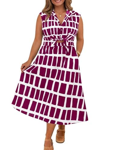 Beautife Summer Plus Size Dresses for Curvy Women Boho Printed Cocktail Midi Dresses V Neck Sleeveless with Pocket Burgundy - Image 1