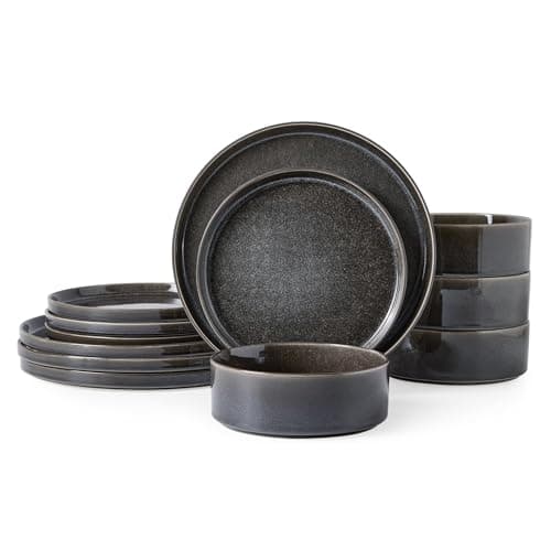 ALOFMO Stoneware Dinnerware Sets, Plates and Bowls Set for 4, 12-Piece Modern Stoneware Dinnerware – Chip Resistant, Non-Toxic, Dishwasher and Microwave Safe Tableware,Glossy Black