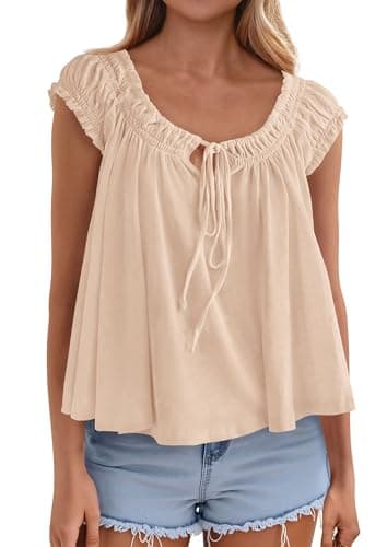 PRETTYGARDEN Women Babydoll Tops 2026 Summer Clothes Cap Sleeve Tie Front Flowy Tank Top Peplum Blouses Cute Going Out Shirts (Apricot,Medium) - Image 1