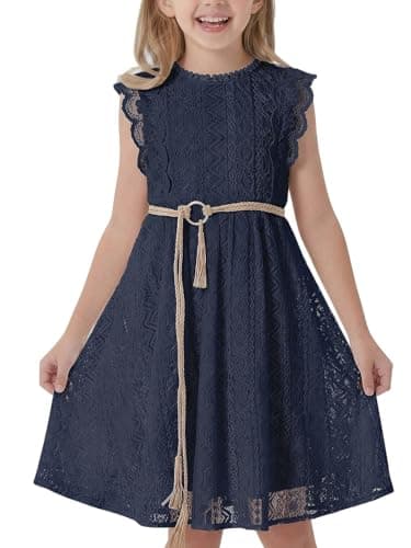 ALLOVIN Toddler and Girls Vintage Boho A-Line Lace Dress with Belt Pom Pom Trim Birthday Party Dress | Navy Blue | 3-4T - Image 1