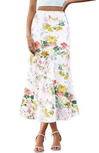 BTFBM Satin Skirts for Women 2025 Fall High Waisted A-Line Leopard Print Cocktail Wedding Long Silk Summer Midi Skirt(Floral White, Medium) - Image 1