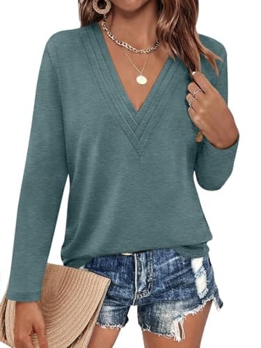 EasyGala Womens Deep V Neck Long Sleeve Shirts Pleated Dressy Casual Tops Sexy Loose Fit T Shirt Dark Green Medium - Image 1
