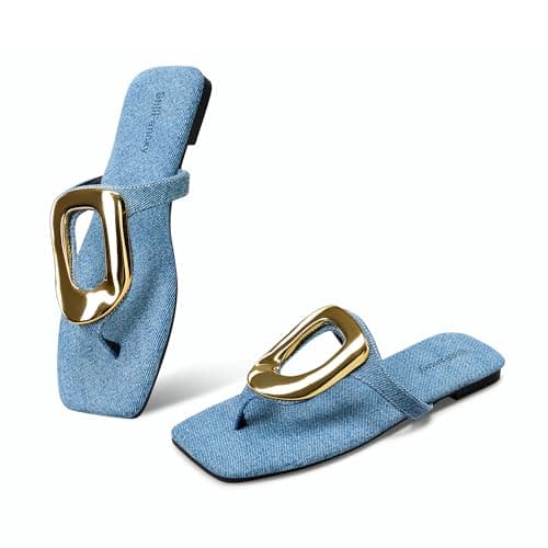 StillFancxy Gold Buckle Flat Sandals for Women Square Toe Dressy Flip Flops Trendy Thong Sandals Slide Sandals - Image 1