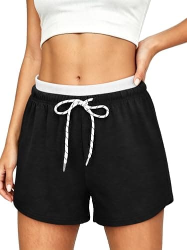 KISSMODA Women Contrast Waist Solid Shorts Printed Drawstring Home Gathering Travel Outfits Blackwhite M - Image 1