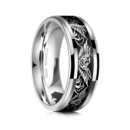 QOBEBOTA 4th of July Mens Eagle Rings Stainless Steel Viking Rings Non Tarnish Wedding Band 8mm Mens Engagement Ring Black and Silver Statement Ring Gifts for Men Size 12 - Image 1