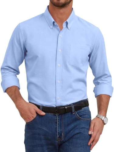GIANZEN Light Baby Blue Button Down Shirt Men Long Sleeve Mens Sky Dress Shirts Men's Up Big and Tall for Casual Oxford Light Blue Size S - Image 1