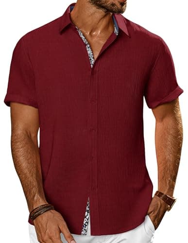 PJ PAUL JONES Men's Button Down Short Sleeve Shirt Casual Summer Beach Textured Wedding Shirts Wine - Image 1