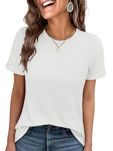 ANRABESS Women's Summer Waffle Knit Tops Crew Neck Short Sleeve Casual Trendy Shirts Basic Tee Blouses 2026 Spring Outfits White Large - Image 1