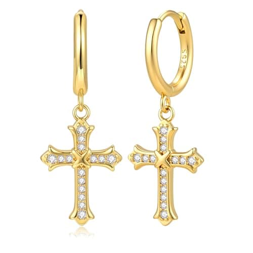 YOLYMODA Cross Dangle Drop Earrings for Women Men - Trendy Dainty 14K Gold Plated Dangly Huggie Hoop Earrings with Sparkling CZ, Chic Faith 925 Sterling Silver Post Jewelry Gift, 1.16" Long - Image 1
