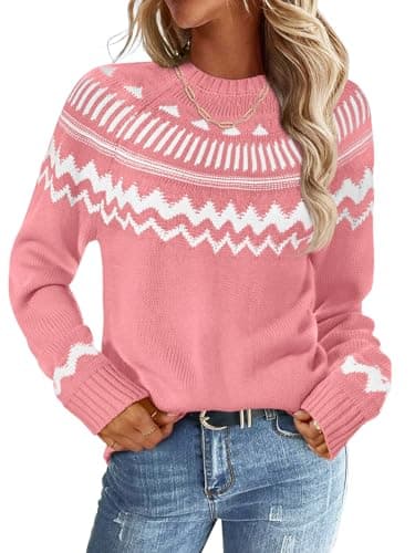 MEROKEETY Women's 2025 Fall Winter Striped Pullover Sweater Trendy Crew Neck Long Sleeve Vintage Color Block Knit Tops, Pink, X-Large - Image 1