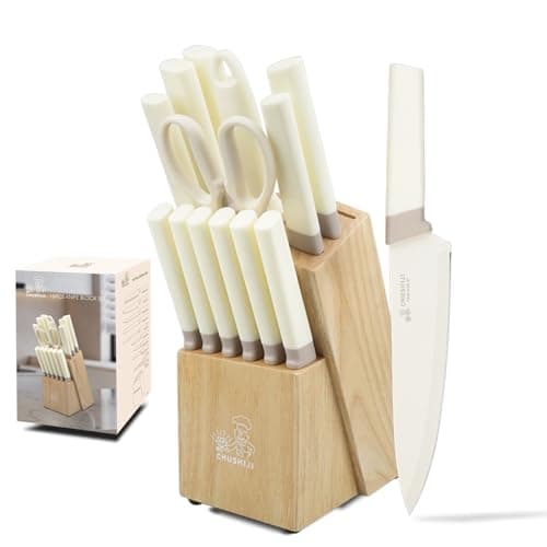 CHUSHIJI 15-Piece Kitchen Knife Set with Block, Premium High Carbon Stainless Steel, 8-Inch Chef Knife & 6 Steak Knives, Sharp Dishwasher Safe Durable Cutlery for Home Cooking, White - Image 1