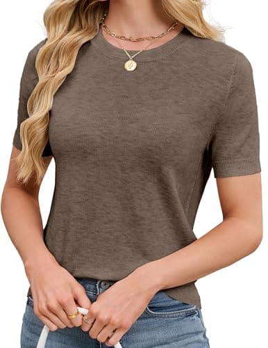 SunnyMelody Womens Short Sleeve Sweater Tops Wool Knit Cashmere Lightweight Cropped Crew Neck Elastic Hem Teacher Office Blouses Shirts Classic Work Casual Spring 2026 Coffee Brown L - Image 1