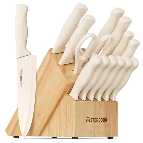 Astercook Knife Set, 15 Pieces Kitchen Knife Set with Sharpener Block, German Stainless Steel Knives Set with Anti-Rust Coating, Dishwasher Safe Elegant Cream White Knife Block Sets, Valentine's Gift