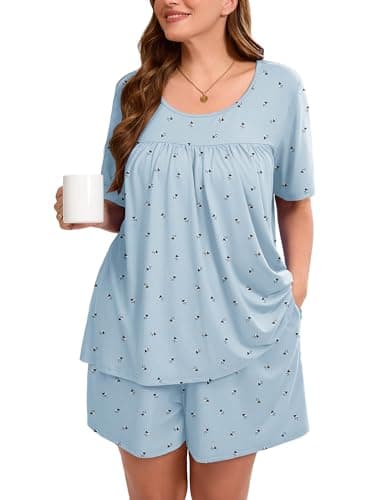 AusLook Women's Plus Size Pajama Sets Short Sleeve Top and Shorts Scattered Lamb Print 1X Casual Comfy Soft Ladies Short Pajamas Set Loungwear Sleepwear Pjs Set 2 Piece Lounge Set with Pockets - Image 1