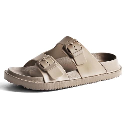 GETOEU Slides for Women and Men, Double Buckle Rubber Sandals with Arch Support, Pillow Slides Thick Cushion Non Slip Shower Shoes Comfort Beach Sandals,Brown - Image 1