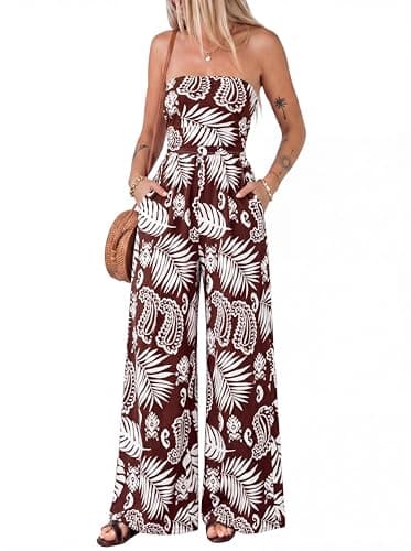 BTFBM Jumpsuits For Women Casual 2026 Floral Strapless Jumpsuit Wide Leg Rompers Beach Vacation Clothes Summer Outfits(Floral Brown White, Medium) - Image 1